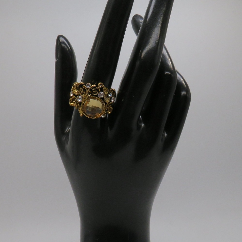 Vintage Gold Tone Rose Floral Cocktail Ring Amber Stone Rhinestone Size 9